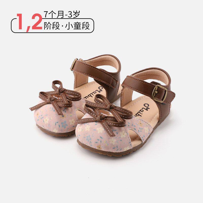 1-3岁女童防滑公主凉鞋夏季新款蝴蝶结小皮鞋印花镂空宝宝鞋童鞋