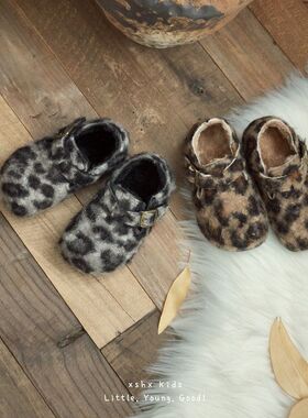 XSHS复古豹纹｜韩系男女童毛呢勃垦魔术贴机能薄底