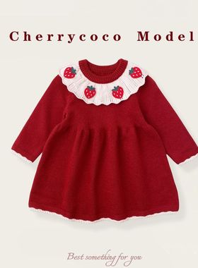 CHERRYCOCO女童连衣裙秋冬新款女宝宝甜美大翻领针织连衣裙公主裙