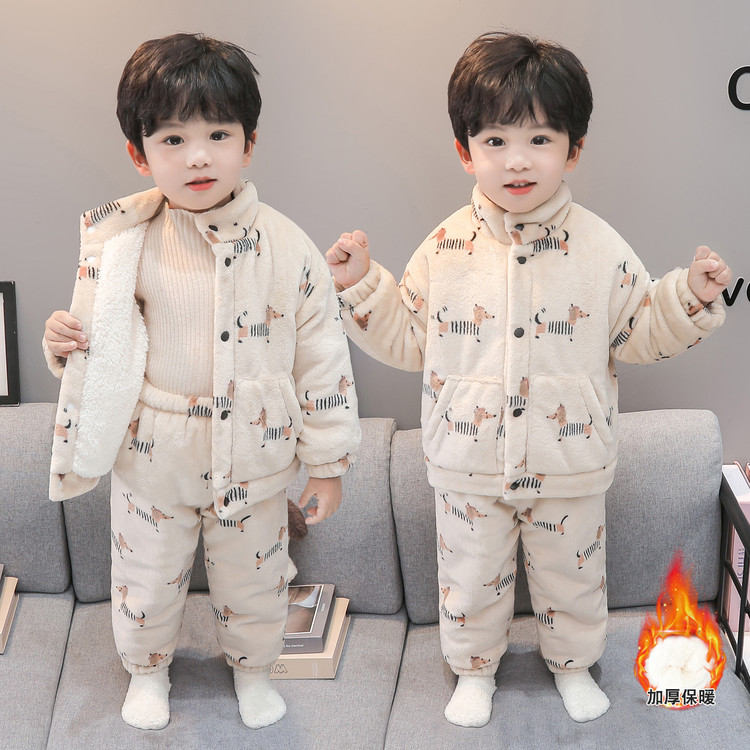 儿童卡通珊瑚绒家居服套装男童冬季加厚保暖睡衣两件套三层夹棉