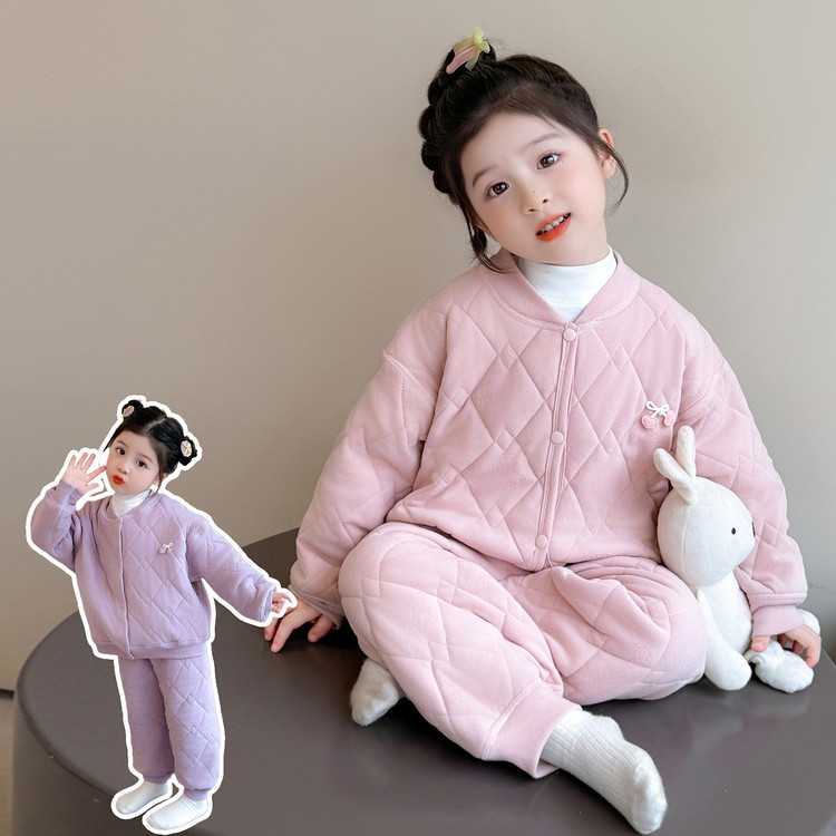 女童冬季新款菱格纹棉服套装加厚保暖校服神器舒适家居服