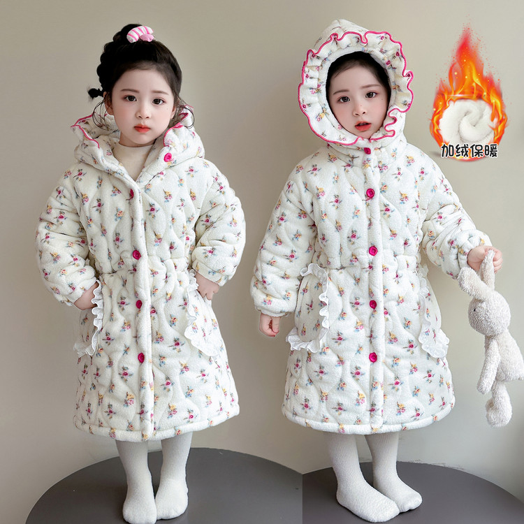 甜美可爱风女童加绒保暖连帽棉服冬季防寒中长款碎花外套三层夹棉