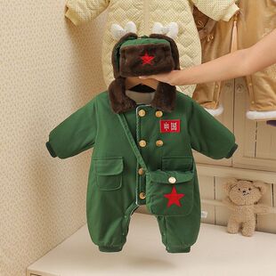 刘德华同款军大衣冬款加绒加厚连体衣衣服童装保暖新生儿外出服
