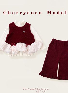 CHERRYCOCO女童套装2025秋冬新款女宝宝公主背心花边裤毛衣三件套