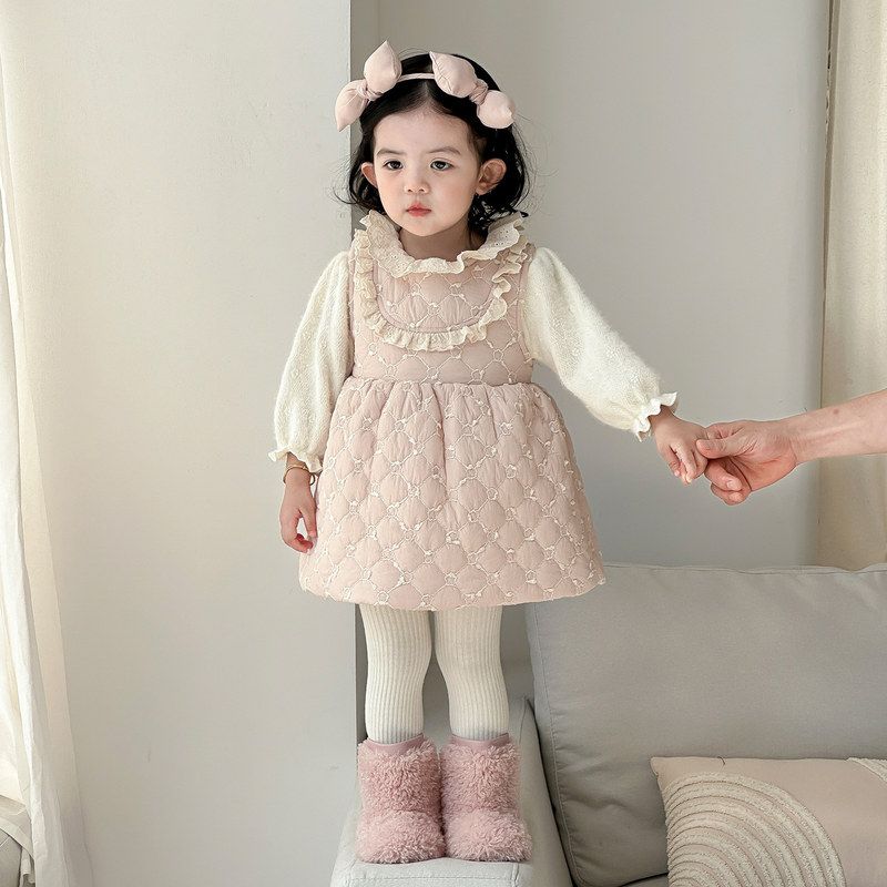 点兮冬季新款婴幼儿绗棉加绒连衣裙套装女宝宝背心裙打底衫两件套