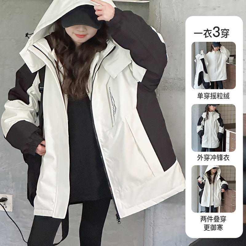 韩版连帽(不可脱卸)女防风3岁儿童冲锋衣