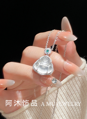 纯银天然水沫玉佛公项链女