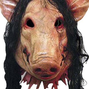 万圣节带发猪头面具头套抖音成人表演电锯惊魂恐怖面具全脸道具