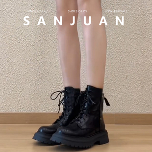 羊皮版sanjuan三卷马丁靴女复古百搭厚底英伦风系带短靴机车靴冬