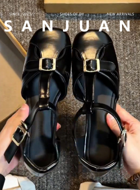 羊皮版sanjuan三卷玛丽珍鞋女夏新款百搭黑色单鞋镂空高级感凉鞋