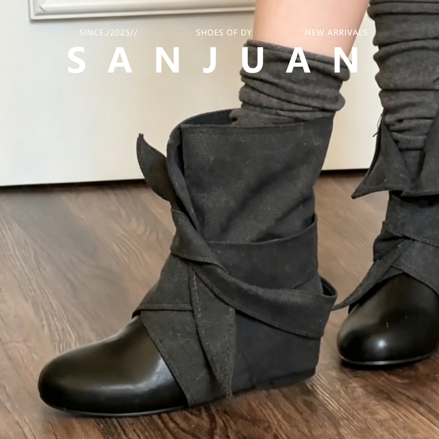 羊皮版sanjuan三卷复古英伦马丁鞋厚底拼接短靴内增高绑带机车靴