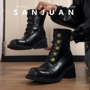 羊皮版 sanjuan三卷厚底马丁靴冬加绒高跟短靴小个子中筒靴英伦风