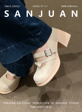 三卷sanjuan法式圆头甜美玛丽珍鞋女一字扣带粗高跟复古风单鞋子