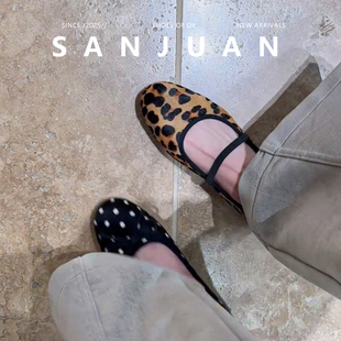 羊皮版sanjuan三卷玛丽珍鞋内增高平底鞋波点单鞋早春漂亮豹纹鞋