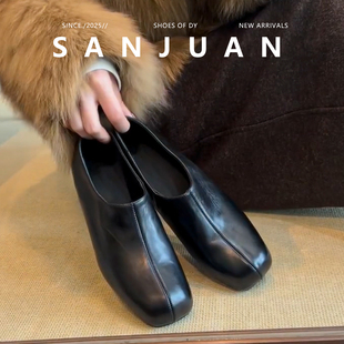 羊皮版sanjuan三卷方头粗跟小皮鞋高跟鞋赫本女鞋通勤一脚蹬单鞋