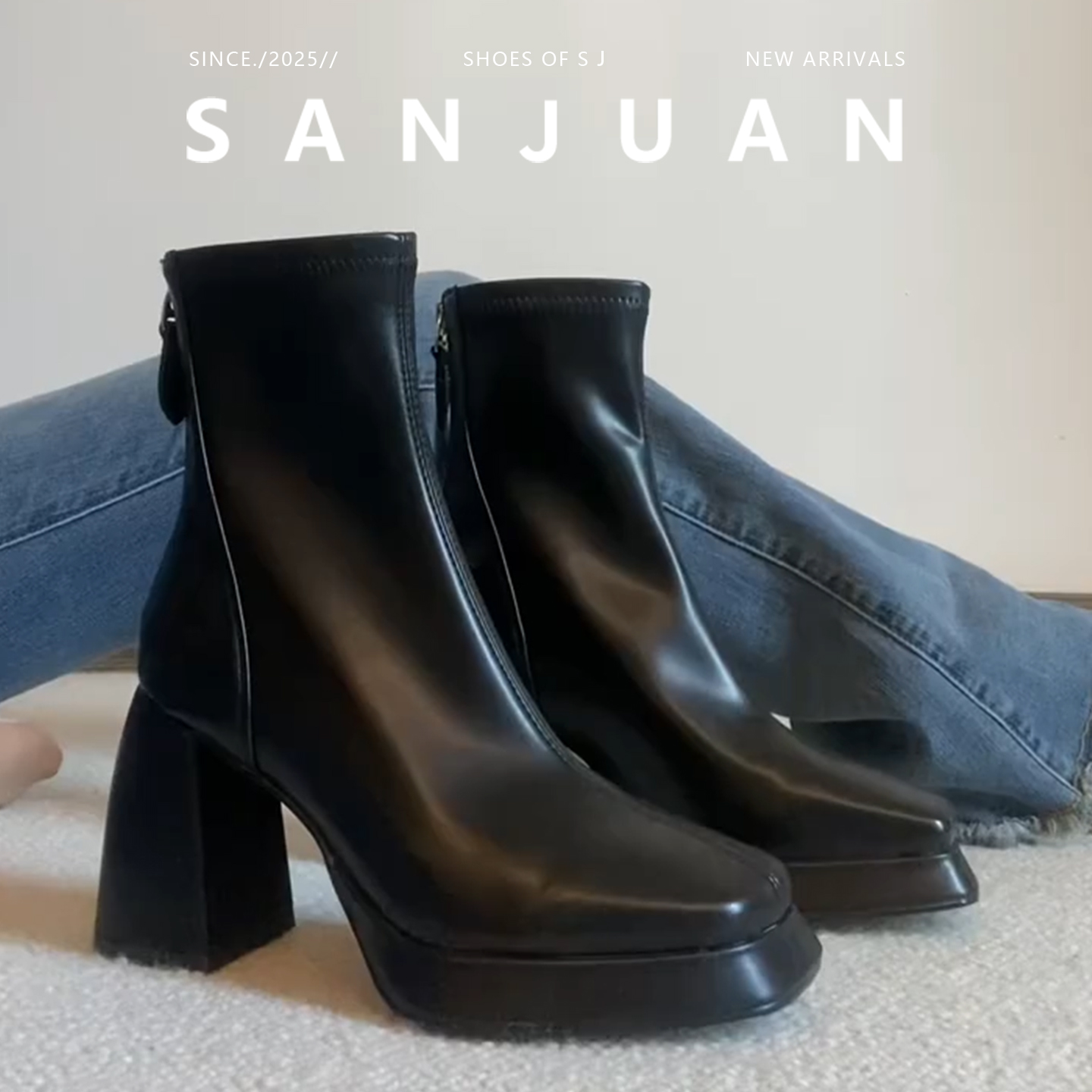 羊皮版sanjuan三卷复古粗跟高跟短靴防水台百搭瘦瘦显高马丁靴女