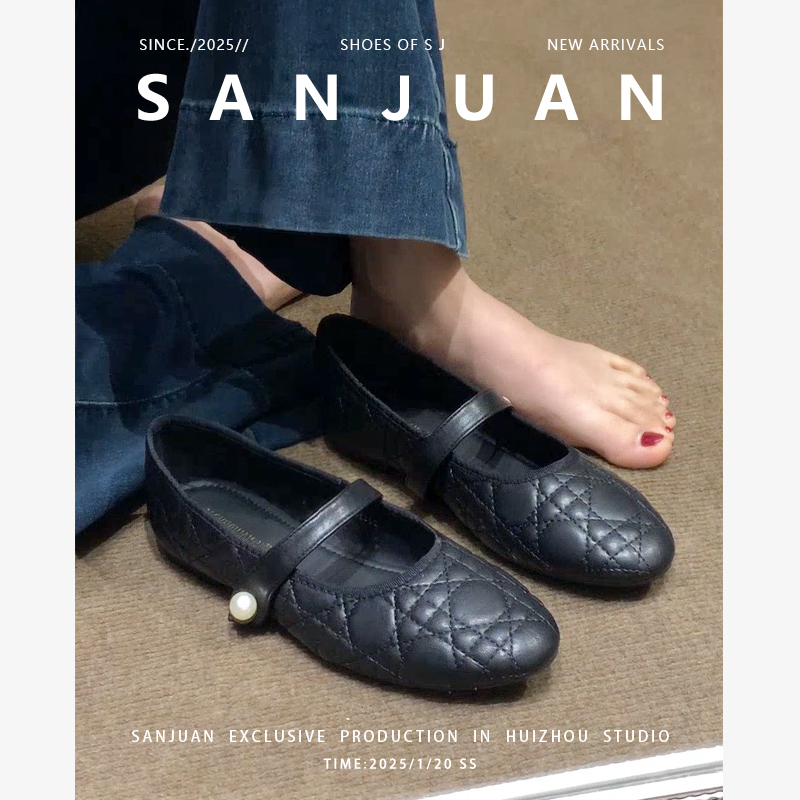 三卷sanjuan法式方头平底小香风玛丽珍黑色单鞋女复古奶奶瓢鞋子