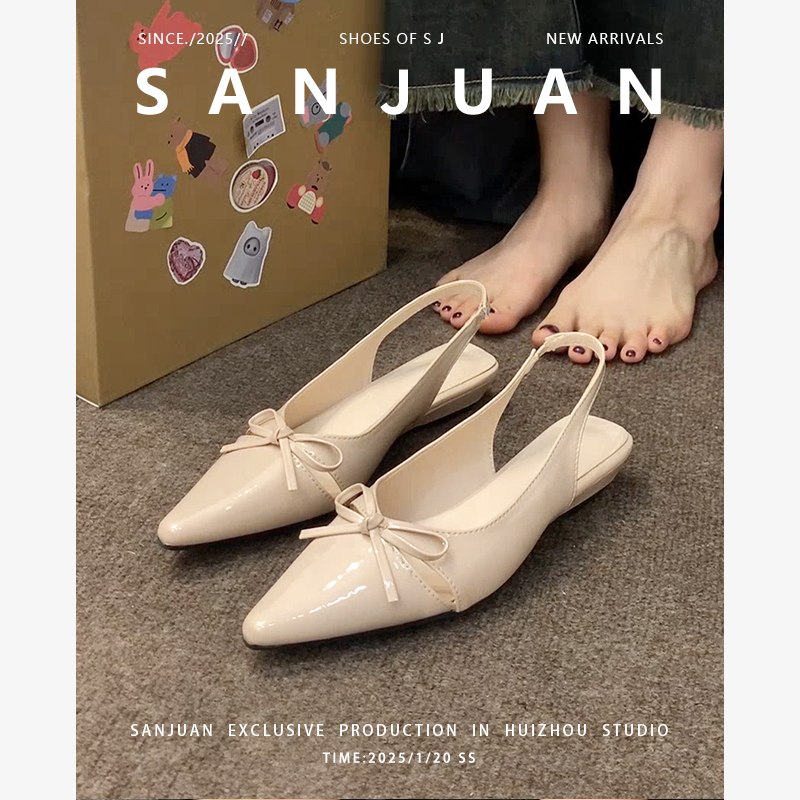 三卷sanjuan法式蝴蝶结包尖头凉拖仙女风新款夏季通勤粗低跟单鞋