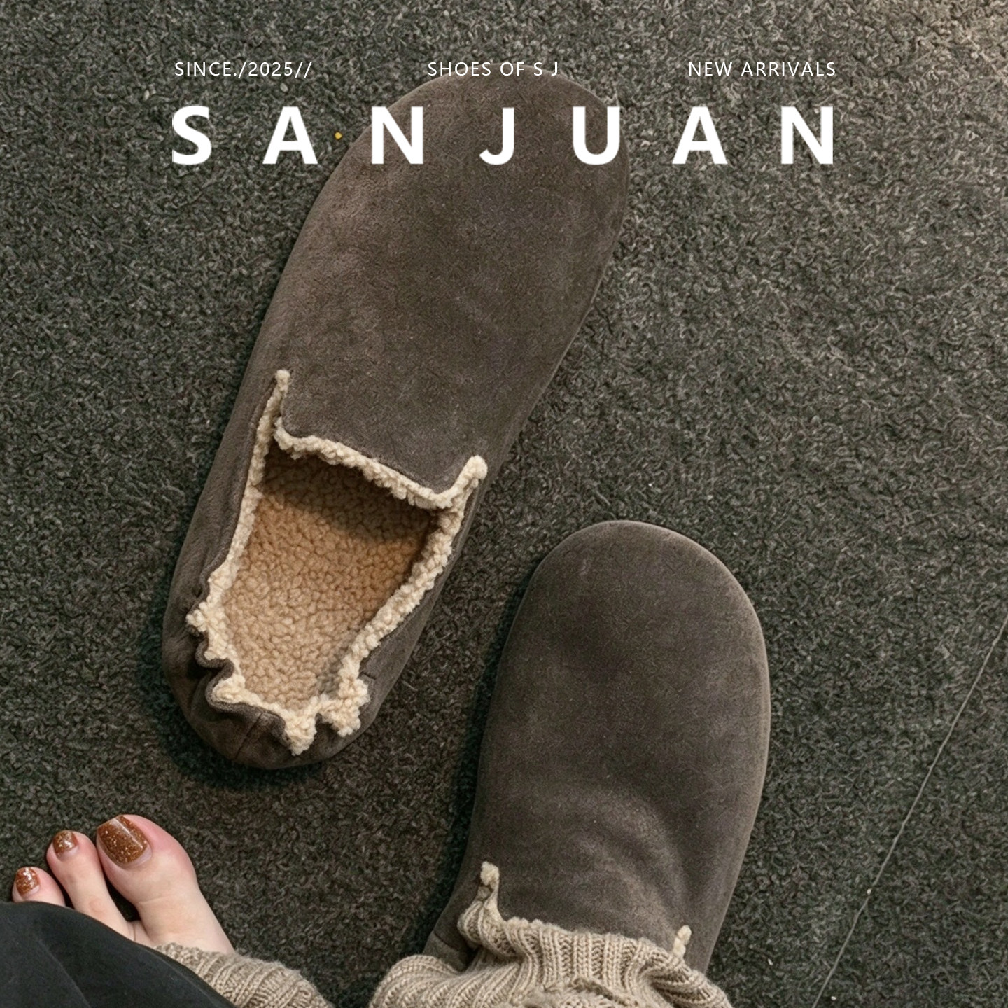 三卷sanjuan法式新款羊羔毛毛鞋增高气质乐福鞋绒面圆头勃肯鞋女