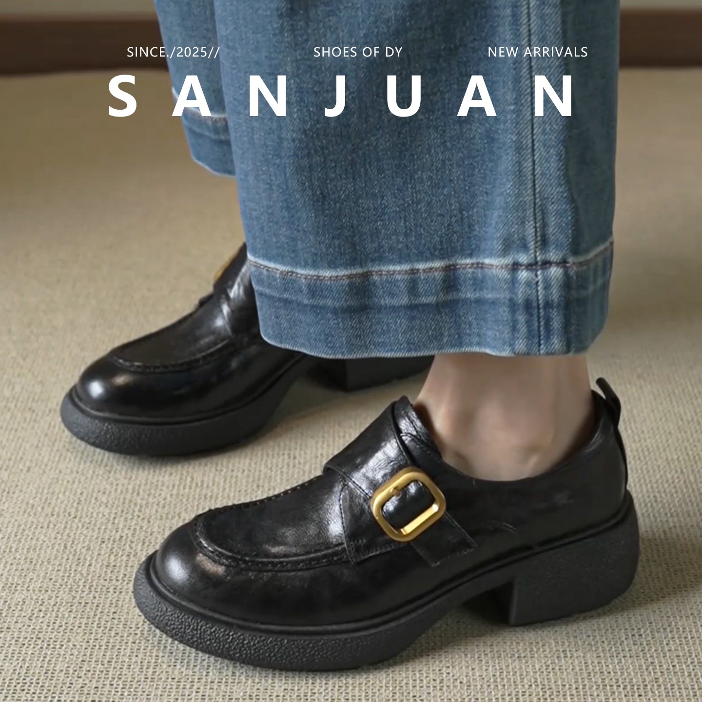 复古粗跟小个子学院风女乐福鞋