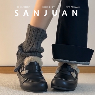 羊皮版sanjuan三卷加绒小皮鞋女复古内增高单鞋法式毛毛鞋外穿冬