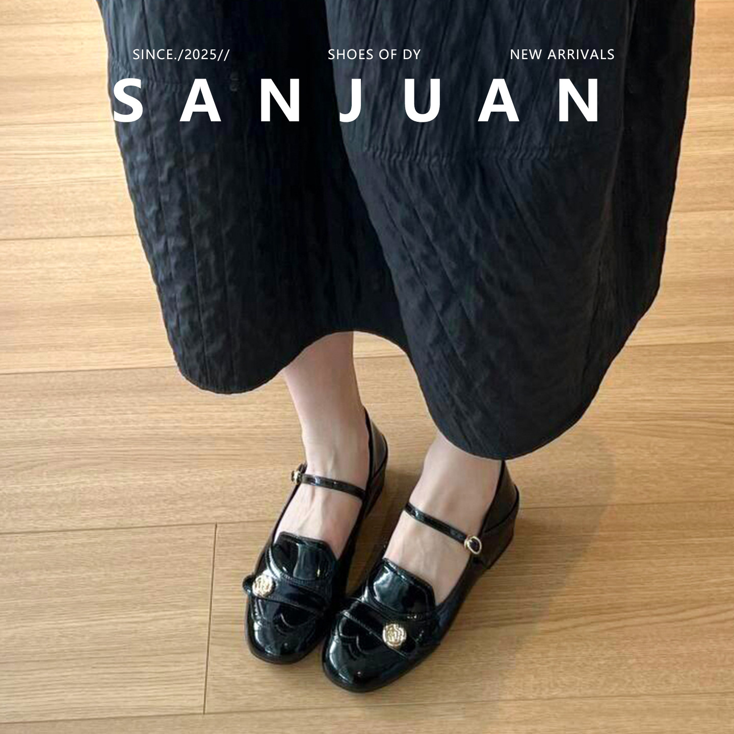 羊皮版sanjuan三卷法式乐福鞋山茶花粗跟单鞋复古内增高玛丽珍鞋
