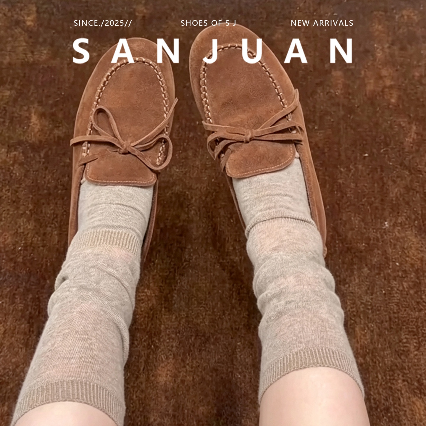 羊皮版sanjuan三卷新款复古乐福鞋蝴蝶结圆头乐福鞋秋冬单鞋棕色
