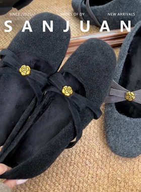 羊皮版sanjuan三卷方头山茶花玛丽珍鞋加绒单鞋一脚蹬毛毛鞋外穿
