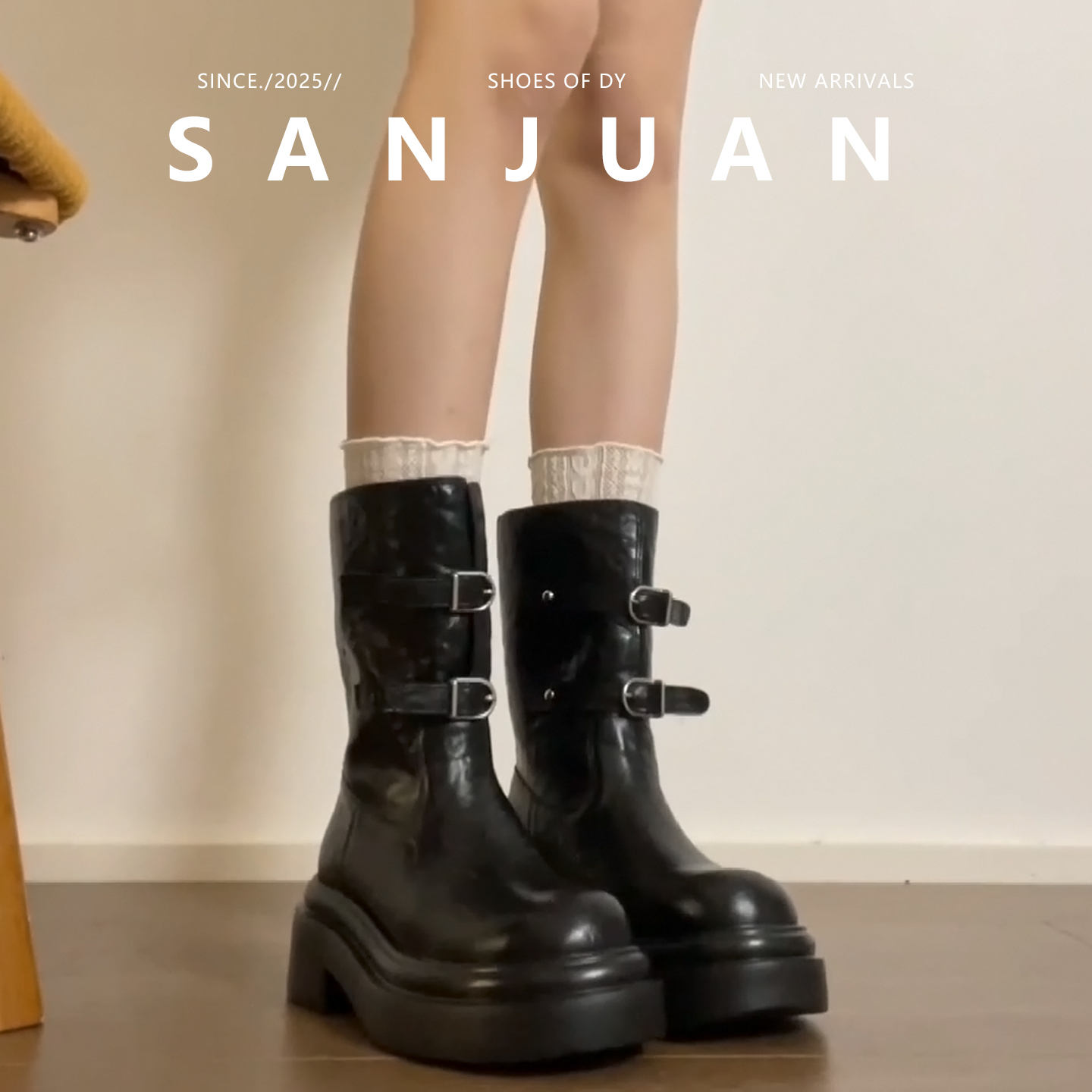 【三卷】黑色圆头双皮带扣马丁靴秋冬百搭辣妹短款机车靴2025新款