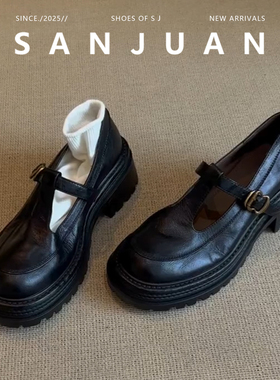 三卷sanjuan法式新款复古英伦风粗高跟单鞋女百搭玛丽珍方头秋季