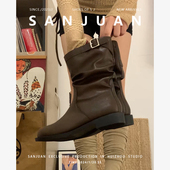 羊皮版 sanjuan三卷平底短靴内增高马丁靴复古美拉德真皮单靴棕色