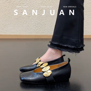 羊皮版sanjuan三卷内增高单鞋复古玛丽珍女鞋设计感穆勒皮鞋春夏