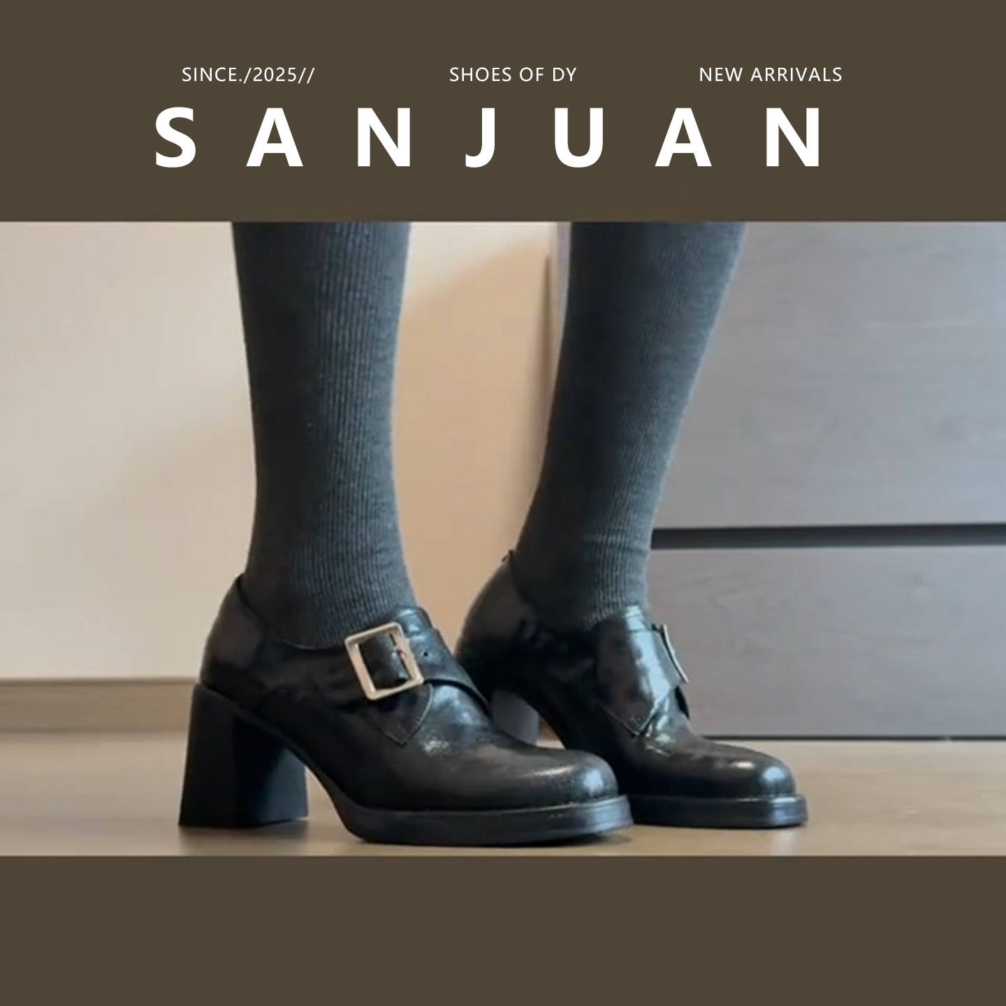 黑色/棕色厚底圆头单鞋小皮鞋