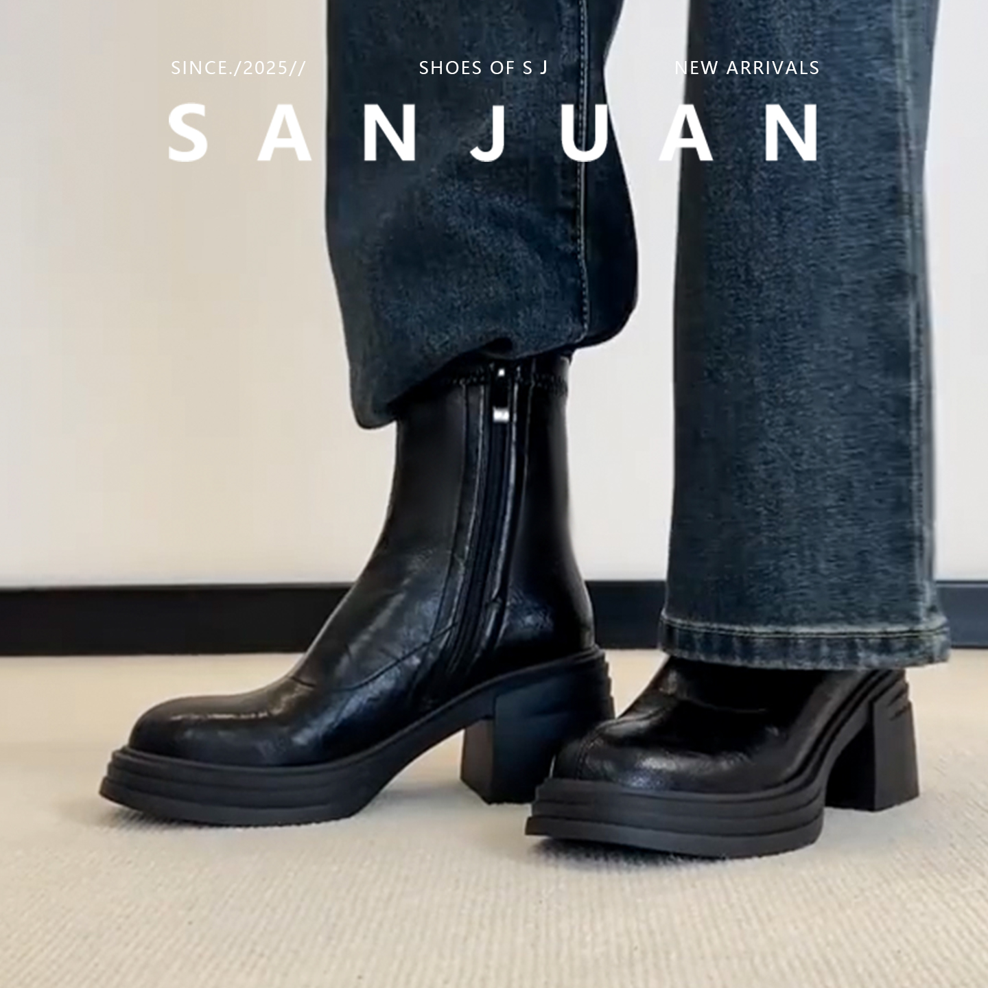 高跟弹力法式复古英伦风马丁靴女