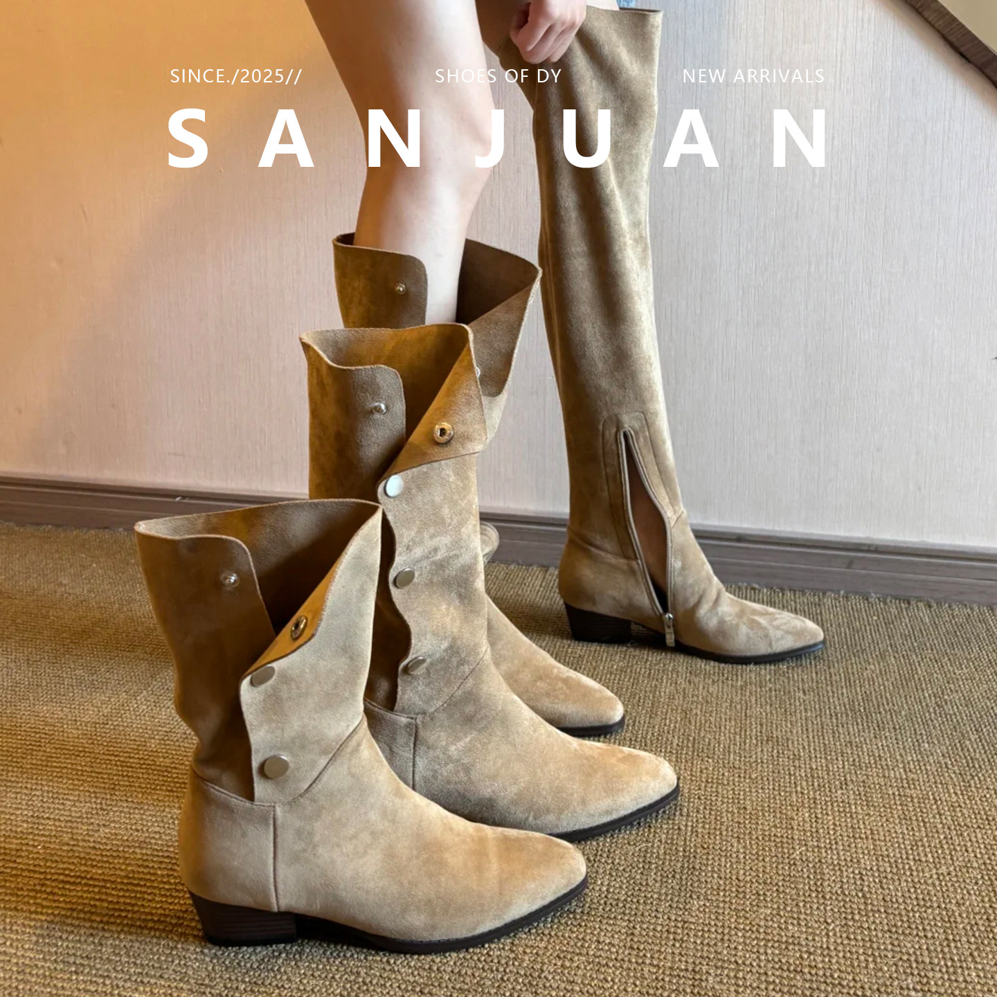 长筒靴纯色拼接百搭三卷冬季粗跟