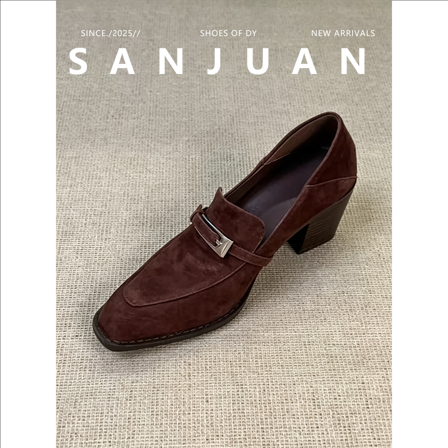 羊皮版sanjuan三卷复古新款方头鞋金属扣绒面单鞋增高通勤乐福鞋