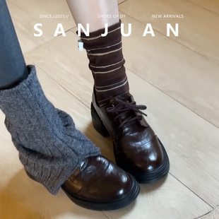 棕色高跟鞋 英伦风厚底增高单鞋 粗跟 sanjuan三卷加绒小皮鞋 羊皮版