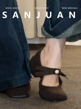 羊皮版snajuan三卷赫本玛丽珍高跟鞋女冬毛鞋方头内增高单鞋气质