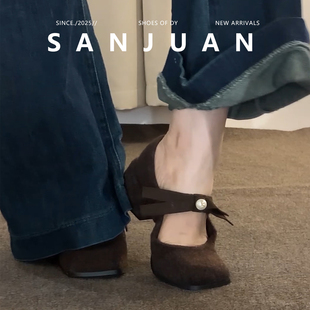 方头内增高单鞋 女冬毛鞋 气质 snajuan三卷赫本玛丽珍高跟鞋 羊皮版