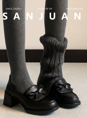 羊皮版sanjuan三卷甜酷辣妹厚底玛丽珍鞋女蝴蝶结一脚蹬乐福鞋