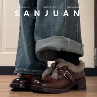 保暖棉鞋 三卷sanjuan加绒小皮鞋 英伦风单鞋 厚底乐福鞋 女冬毛毛鞋