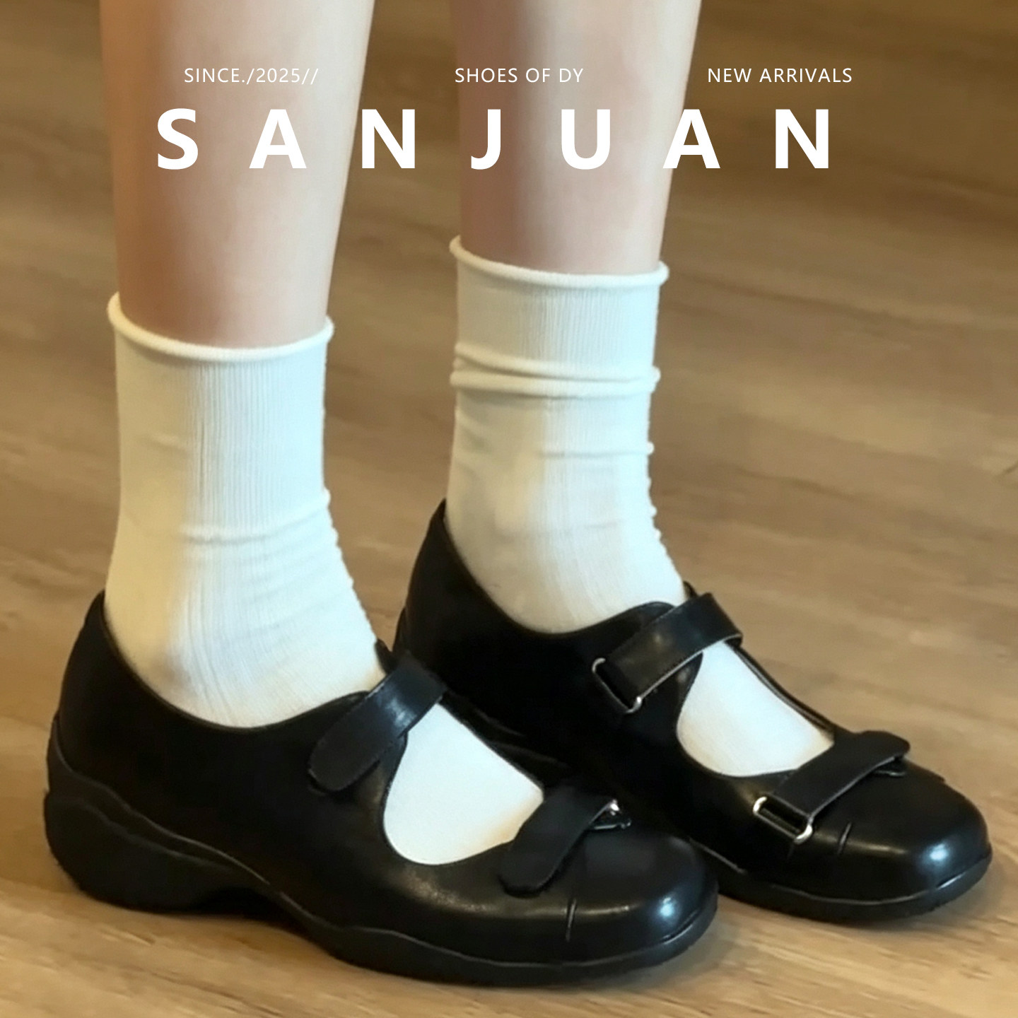 羊皮版sanjuan三卷英伦风玛丽珍鞋内增高魔术贴芭蕾鞋复古单鞋女