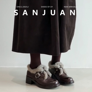 厚底粗跟小皮鞋 学院一英伦脚蹬单鞋 女法式 三卷sanjuan加绒毛毛鞋