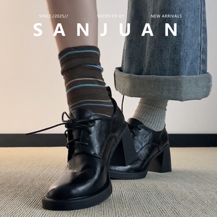 秋 女英伦厚底系带学院粗跟高跟单鞋 羊皮版 sanjuan三卷甜酷小皮鞋