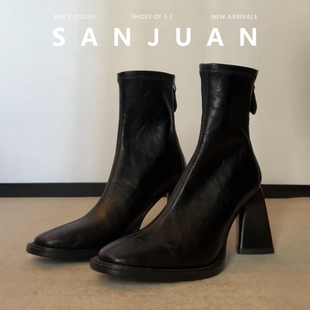 新款 三卷sanjuan法式 复古英伦风高跟百搭方头气质通勤瘦瘦短靴女
