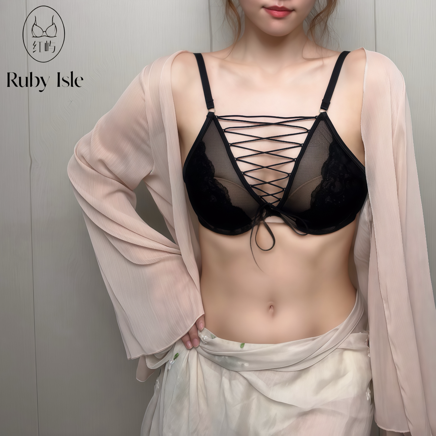 红屿法式性感蕾丝绑带镂空文胸套装女聚拢内搭小心机内衣bra