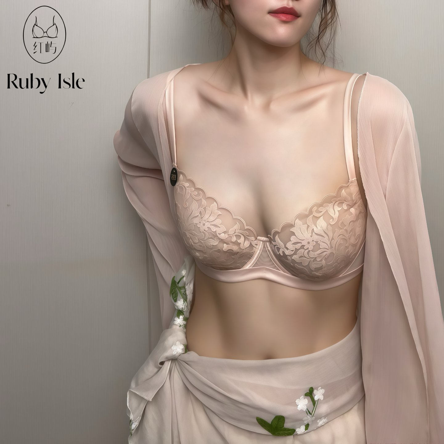红屿内衣女法式刺绣蕾丝大胸显小文胸套装防下垂性感bra
