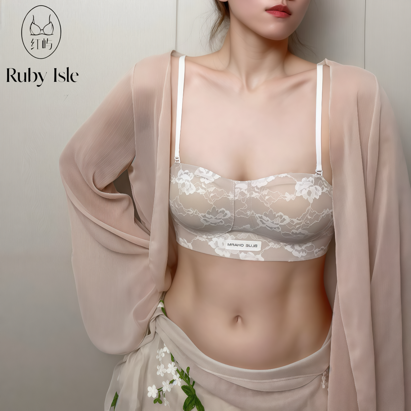 红屿内衣法式蕾丝女文胸聚拢小胸抹胸式半杯性感无痕美背内搭bra