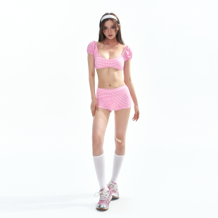 罗卡艺美式 温泉度假分体游泳衣女 复古少女粉色格纹显瘦高腰泡泡袖