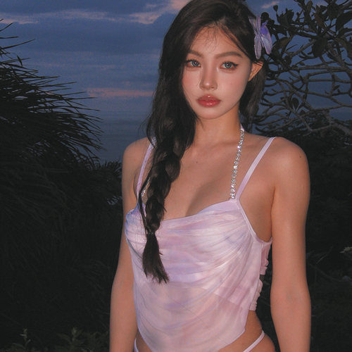 罗卡艺海岛度假氛围紫色钻链网纱长裙聚拢美背性感显瘦分体泳衣女